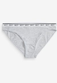 Slip bikini en coton gris clair avec une ceinture élastique blanche portant le texte noir répété "NEXT".