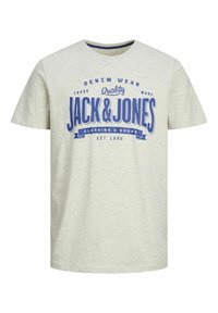 Lys grå bomulds-t-shirt med et blåt grafisk print og teksten "JACK & JONES," rund halsudskæring og korte ærmer.