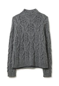 Pull en maille gris avec des poignets et un ourlet côtelés, doté d'un col montant et de motifs de tricot délicats sur l'ensemble.