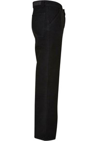 Pantaloni negri din bumbac cu croi drept, patru buzunare și talie. Design minimalist cu linii elegante și fără modele vizibile.