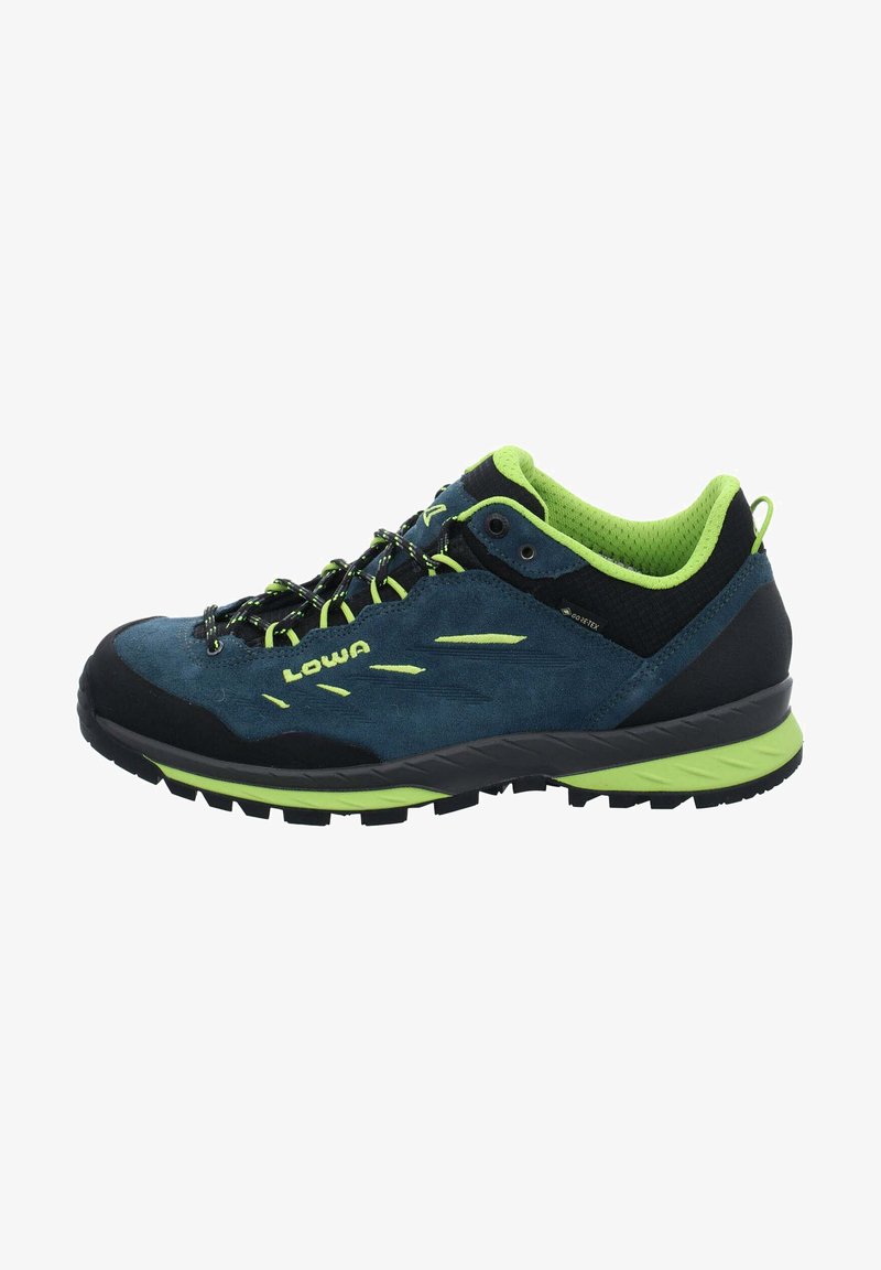 Blue and black hiking shoes with a suede and mesh upper. Features bright green accents, textured rubber sole, and lace-up closure.