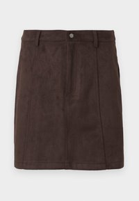Bruine suède mini-jurk met een rechte snit, voorzien van riemlussen, een voorzak en ton-sur-ton stiksels voor een gladde afwerking.