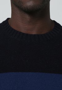 Pull en maille marine avec un col rond côtelé, doté d'une bande horizontale bleue dans la partie inférieure. Texture douce, tissu de poids moyen.