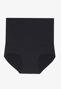 Black high-waisted briefs made of soft fabric, featuring a smooth texture, elastic waistband, and full coverage with rounded leg openings.