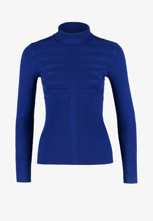 Maglione blu a collo alto con una texture a costine, strisce verticali sul corpo e maniche lunghe realizzate in materiale elasticizzato.