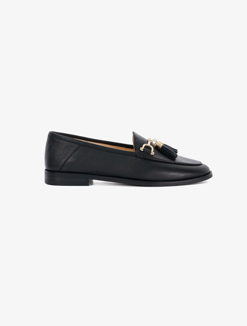 Black leather loafers with a flat heel, featuring a decorative gold hardware accent and a tassel on the front. Smooth texture.