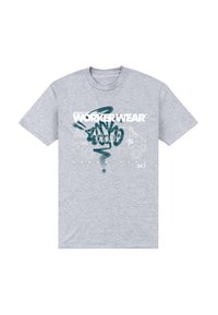 Šedé bavlněné tričko s kulatým výstřihem. Na přední straně se nachází nápis "WORKER WEAR" ve bílém a zeleném graffiti stylu. Volný střih.