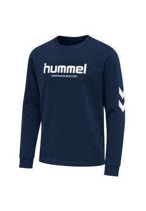 Granatowy długi rękaw sweter z bawełny, z okrągłym dekoltem, białym tekstem logo oraz białymi akcentami chevron na lewym rękawie.