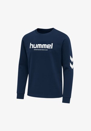 Granatowy długi rękaw sweter z bawełny, z okrągłym dekoltem, białym tekstem logo oraz białymi akcentami chevron na lewym rękawie.