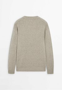 Pull beige avec une finition texturée, doté d'un col rond et de manches raglan longues. Tissu lisse avec de subtiles taches dispersées.