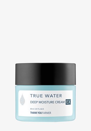 Hellblaues Glasgefäß mit einem schwarzen Deckel, beschriftet mit "True Water Deep Moisture Cream EX", enthält 80 ml Creme. Sauberes, minimalistisches Design.