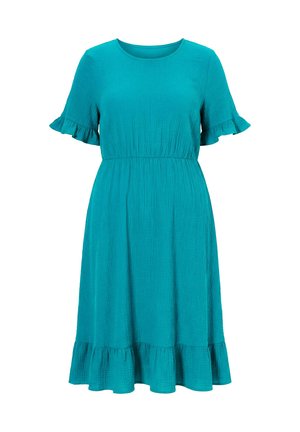 Zelenomodré šaty ke kolenům s krátkými volánovými rukávy, kulatým výstřihem, staženým pasem a volánkovým lemem.