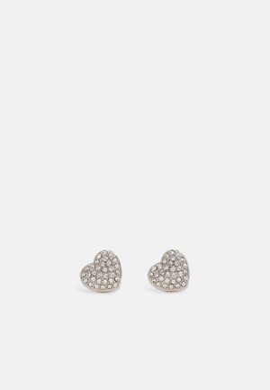 Silvery heart-shaped earrings adorned with clear crystals, featuring a textured surface and a polished finish.