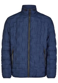 Giacca trapuntata marina con colletto alto, chiusura frontale con zip piena e due tasche laterali con zip. Materiale morbido e leggero con un aspetto testurizzato.