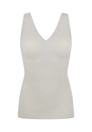 Hellbeige, ärmelloses Oberteil mit tiefem V-Ausschnitt und glatter Textur, entworfen für eine figurbetonte Silhouette ohne sichtbare Nähte.