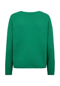 Groene trui met structuur, voorzien van een ronde hals en lange mouwen, met een reliëfstippatroon over de stof en een rechte zoom.