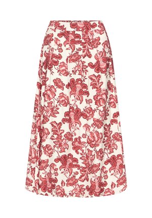 Knielanger weißer Rock mit rotem Blumenmuster und Falten, mit tailliertem Bund und A-Linien-Silhouette.