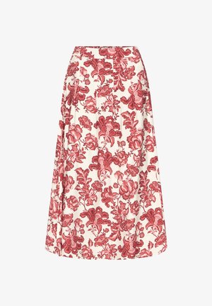 Falda blanca hasta la rodilla con estampado floral rojo y plisados, con talle ajustado y silueta en línea A.
