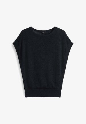 Pull en tricot noir à manches courtes. Doté d'un col rond et d'un ourlet côtelé. Texture douce avec une coupe décontractée.