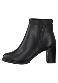 Schwarze Knöchelstiefel aus glattem Leder, mit einem strukturierten Krokodilmuster an der Kante, einem stabilen Absatz und einem abgerundeten Zehenbereich.