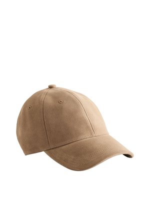 Beige Wildleder-Baseballmütze mit sechs Paneelen, abgerundetem Oberteil und gesteppten Details an Schirm und Paneelen.