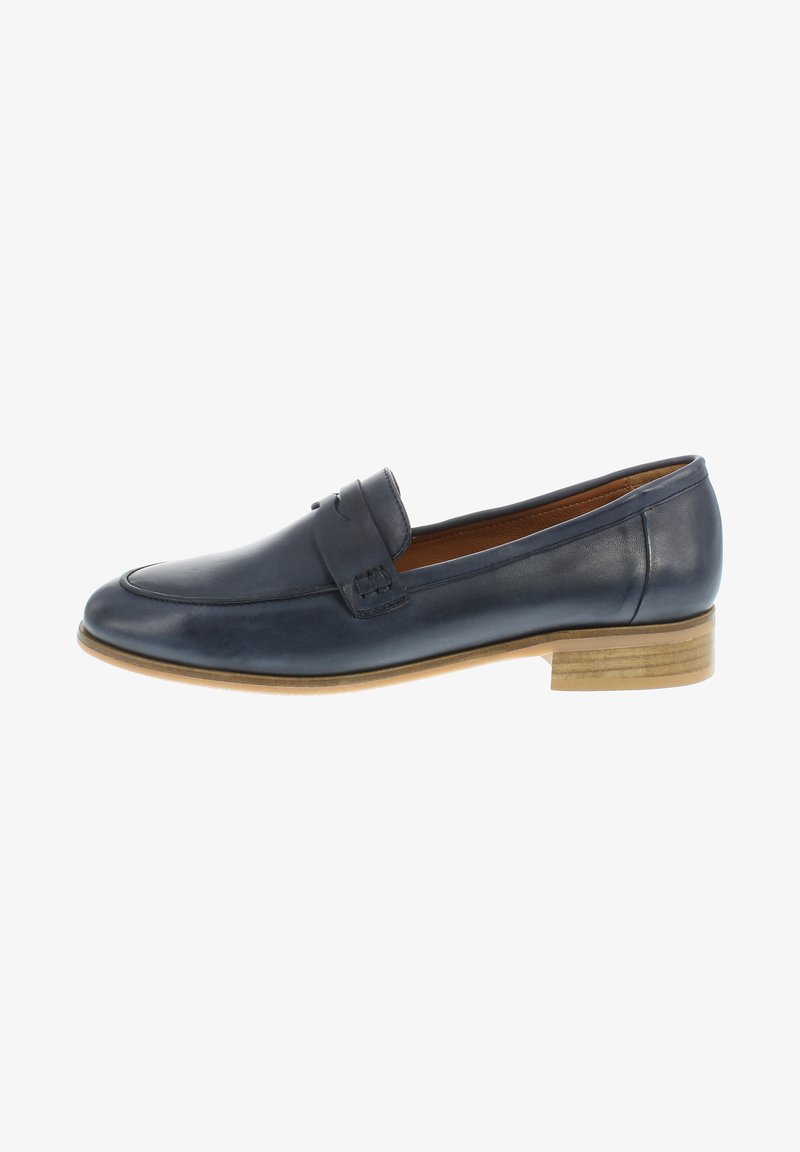 Navy leather loafers with a smooth texture, rounded toe, subtle stitched detailing, and a low wooden heel. Minimalist design.