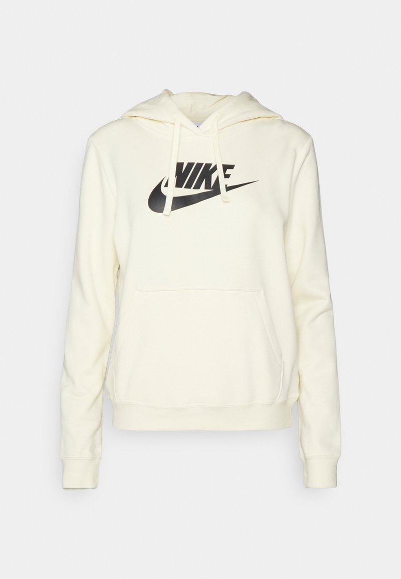 Witte Nike hoodie met zwart logo, voorvak, lange mouwen en capuchon met trekkoord, op een effen achtergrond.