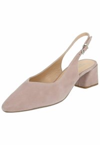 Różowe zamszowe buty slingback z wąskim noskiem, niskim, blokowym obcasem i regulowanym paskiem na kostkę. Wyróżniają się gładkim wnętrzem i przeszyciami.