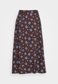 Falda marrón con estampado de pequeñas flores azules, confeccionada en tejido ligero con una silueta acampanada y una cinturilla.