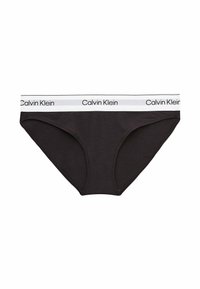 Bañador negro de algodón con una cinturilla blanca contrastante, que presenta "Calvin Klein" en letras negras. Textura suave y corte estándar.