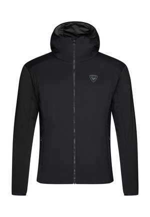 Schwarze isolierte Jacke mit Kapuze, Reißverschluss vorne und Logo-Akzent. Verfügt über glattes Material und eine taillierte Passform mit Seitentaschen.
