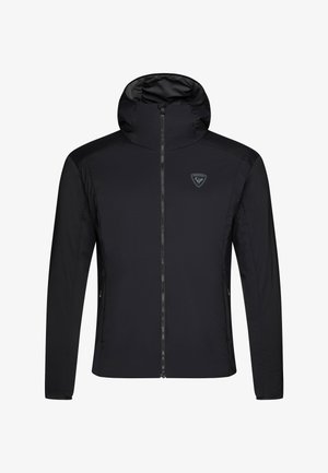 Giacca nera isolante con cappuccio, chiusura frontale con zip e accento del logo. Presenta un tessuto liscio e un design aderente con tasche laterali.