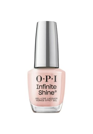 Flacon de vernis à ongles effet gel OPI Infinite Shine en rose pâle avec bouchon argenté et texte produit sur le devant.