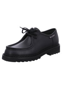 Chaussure noire en cuir à lacets avec un bout rond, des coutures contrastantes et une épaisse semelle en caoutchouc dotée d'un motif de semelle pour plus d'adhérence.