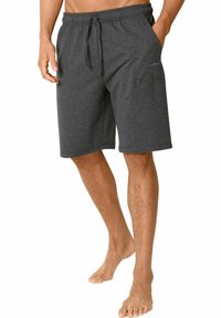 Gray cotton shorts with an elastic waistband and drawstring. It features side pockets and a small logo on the left side.