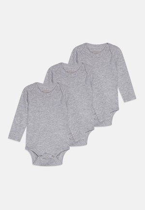 Kolm halli pika varrukaga puuvillast bodysuit'i, mille alumisel osal on nööbid. Pehme tekstuur, ümar kaelus ja ribakujulised mansetid.