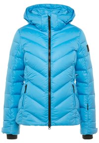 Veste rembourrée bleue avec un matelassage en chevrons, une fermeture éclair à l'avant, une capuche et des poches zippées noires. Équipée de poignets élastiques et d'une finition douce.