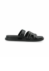 Sandal noir à glissière avec trois larges brides ornées de clous métalliques, semelle plate et matériau synthétique lisse. Design minimaliste et finition mate.
