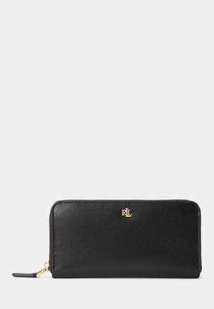 Portefeuille noir en cuir à fermeture zippée sur tout le pourtour, avec une tirette de fermeture éclair dorée et un petit logo RL doré, sur fond uni.