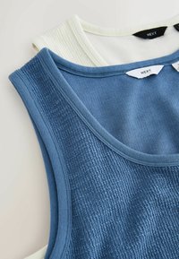 Tops sans manches empilés, un tricot bleu texturé et un blanc lisse, tous deux avec des encolures rondes et des étiquettes "NEXT" aux cols.