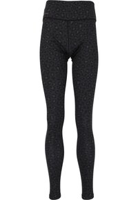 Svarta leggings med ett subtilt leopardmönster, hög midja och stretchigt material för komfort och rörlighet.