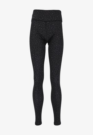 Mustat legginsit, joissa on hillitty leopardi-kuvio, korkealla vyötäröllä ja joustavalla materiaalilla mukavuutta ja liikkuvuutta varten.