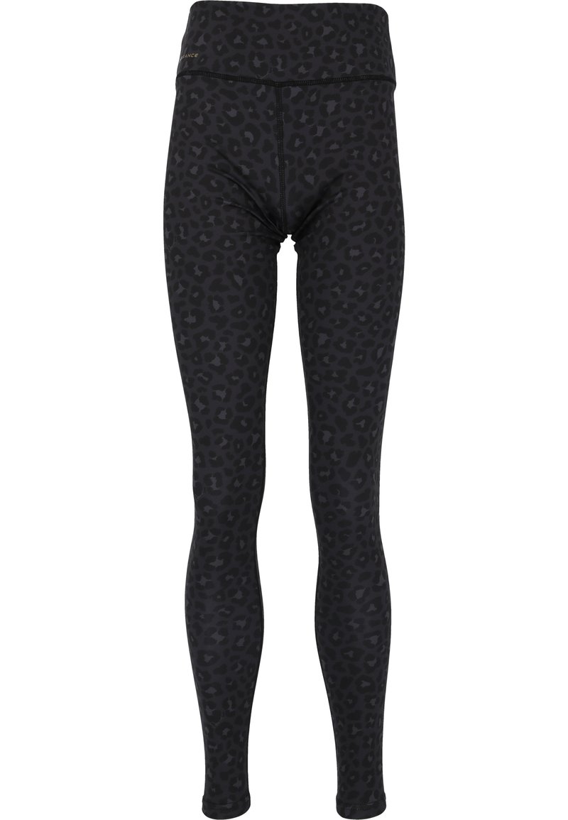 Svarta leggings med ett subtilt leopardmönster, hög midja och stretchigt material för komfort och rörlighet.
