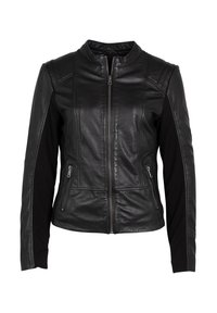 Schwarze Lederjacke mit Reißverschluss vorne, mit strukturierten Lederpaneelen und Stoffärmeln. Zwei Reißverschlusstaschen vorne.