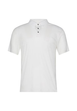 Tricou polo alb din bumbac cu mâneci scurte, guler și trei nasturi negri în față. Textură netedă cu branding minimal.