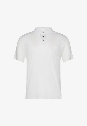 Tricou polo alb din bumbac cu mâneci scurte, guler și trei nasturi negri în față. Textură netedă cu branding minimal.
