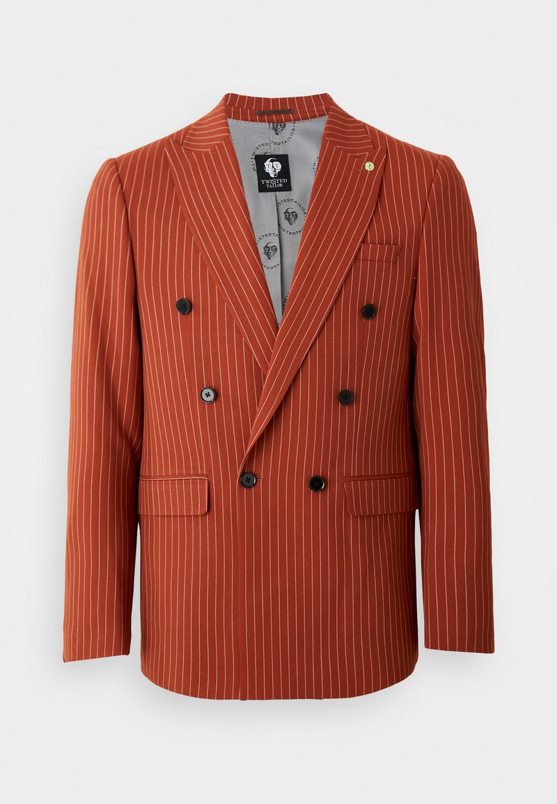 Blazer doppiopetto in ruggine con strisce bianche. Dotato di bottoni neri, rever a punta e due tasche frontali. Foderato con tessuto a fantasia.