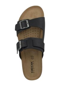 Sandalo Geox Respira nero con due cinghie regolabili e fibbie argento, soletta perforata e plantare testurizzato marrone.