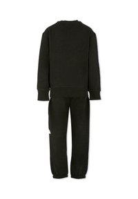 Czarny zestaw bluzy i spodni dresowych, wykonany z miękkiego materiału. Okrągły dekolt, prążkowane mankiety i elastyczny pas. Minimalistyczny design bez wzorów.