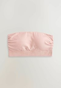 Roze strapless bandeau-top van soepel materiaal, met geplooide details en een elastische band met de gegraveerde tekst "NEXT" onderaan.